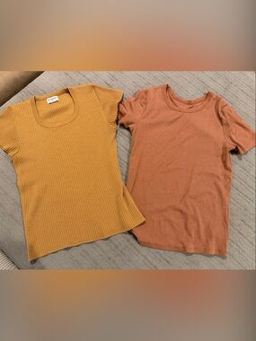 a new day Ribbed Dusty Salmon Color Short Sleeve Top & Mustard Yellow Ribbed Top